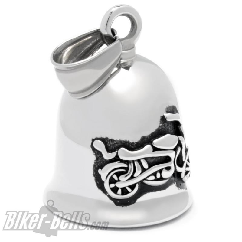 Biker-Bell mit Motorrad Motiv silber poliert aus Edelstahl Chopper Bobber Ride Bell